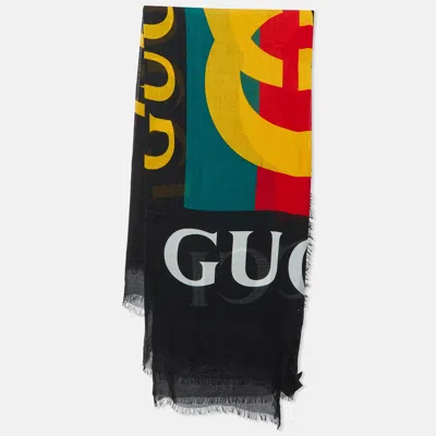 Pre-owned Gucci Black Logo Print Silk Scarf
