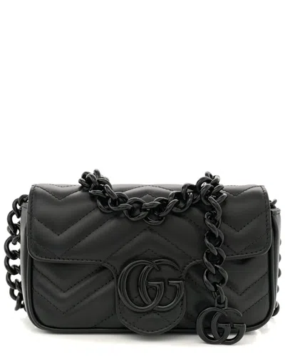 Gucci Black Matelasse Calfskin Leather Monochrome Gg Marmont Chain Belt Bag  (authentic Pre-loved)