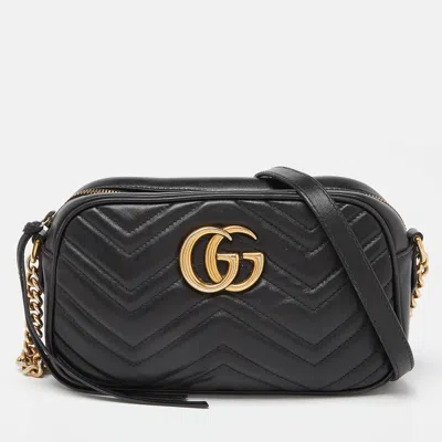 Pre-owned Gucci Black Matelassé Leather Gg Marmont Camera Crossbody Bag