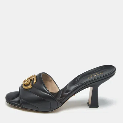 Pre-owned Gucci Black Matelassé Leather Gg Marmont Slide Sandals Size 35.5