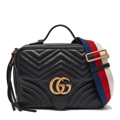 Pre-owned Gucci Black Matelassé Leather Gg Marmont Top Handle Bag