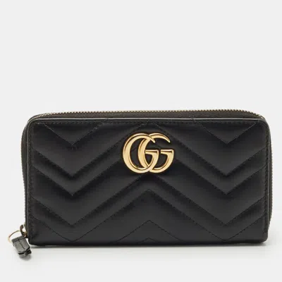 Pre-owned Gucci Black Matelassé Leather Gg Marmont Zip Around Wallet