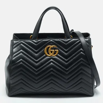 Pre-owned Gucci Black Matelasse Leather Medium Gg Marmont Tote