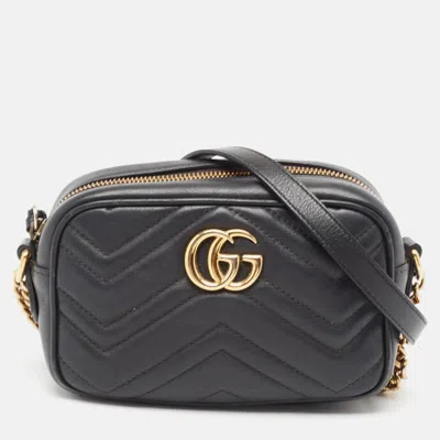 Pre-owned Gucci Black Matelassé Leather Mini Gg Marmont Crossbody Bag