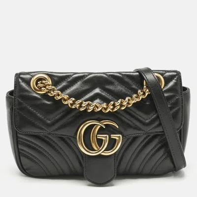 Pre-owned Gucci Black Matelassé Leather Mini Gg Marmont Flap Shoulder Bag