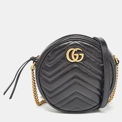 Pre-owned Gucci Black Matelassé Leather Mini Gg Marmont Round Shoulder Bag