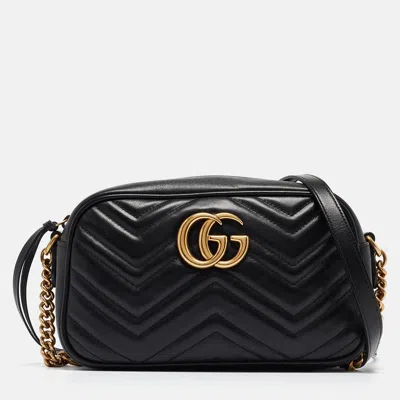 Pre-owned Gucci Black Matelassé Leather Small Gg Marmont Shoulder Bag