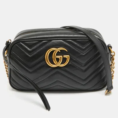 Pre-owned Gucci Black Matelassé Leather Small Gg Marmont Shoulder Bag