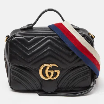 Pre-owned Gucci Black Matelassé Leather Small Gg Marmont Top Handle Bag