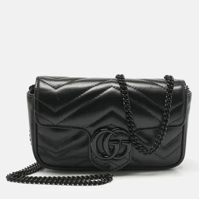 Pre-owned Gucci Black Matelassé Leather Super Mini Gg Marmont Shoulder Bag