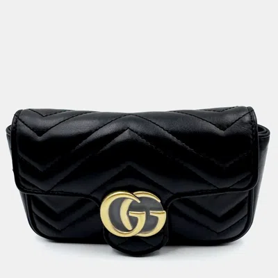 Pre-owned Gucci Black Matelasse Leather Super Mini Gg Marmont Shoulder Bag