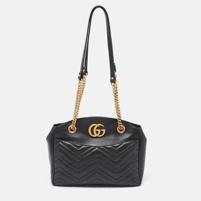 Pre-owned Gucci Black Matelasse Medium Gg Marmont Open Top Shoulder Bag