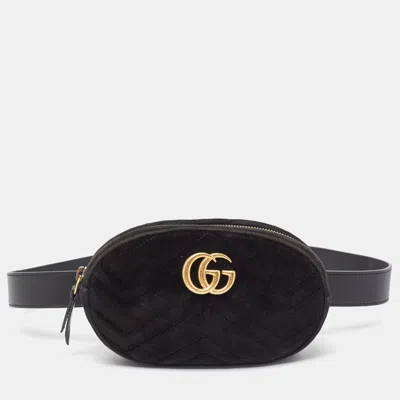 Pre-owned Gucci Black Matelassé Velvet And Leather Mini Gg Marmont Belt Bag