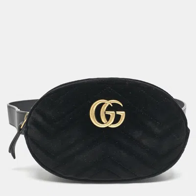 Pre-owned Gucci Black Matelassé Velvet Gg Marmont Belt Bag