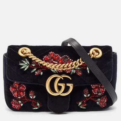 Pre-owned Gucci Black Matelassé Velvet Mini Crystals Embellished Gg Marmont Shoulder Bag