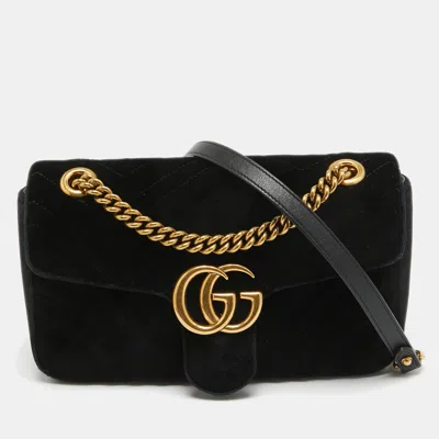 Pre-owned Gucci Black Matelassé Velvet Small Gg Marmont Shoulder Bag