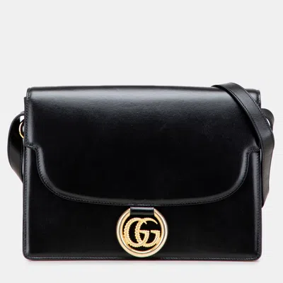 Pre-owned Gucci Black Medium Textured Calfskin Gg Torchon Ring Crossbody Bag
