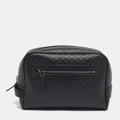 Pre-owned Gucci Black Microsima Leather Toiletry Pouch