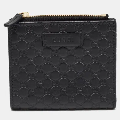 Pre-owned Gucci Black Microssima Leather Compact Wallet