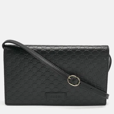 Pre-owned Gucci Black Microssima Leather Flap Crossbody Bag