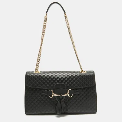 Pre-owned Gucci Black Microssima Leather Medium Emily Chain Shoulder Bag