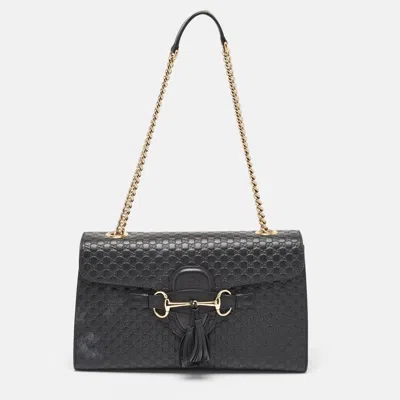 Pre-owned Gucci Black Microssima Leather Medium Emily Shoulder Bag