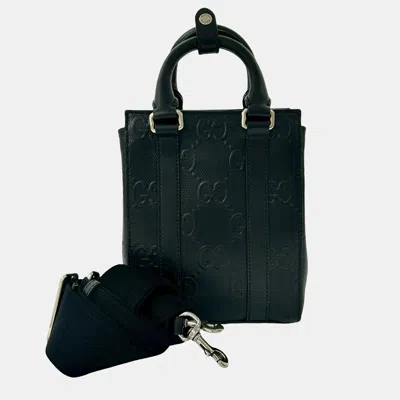 Pre-owned Gucci Black Mini Gg Embossed Perforated Leather Tote