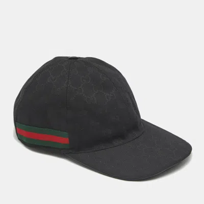 Pre-owned Gucci Black Monogram Web Stripe Canvas Baseball Cap S