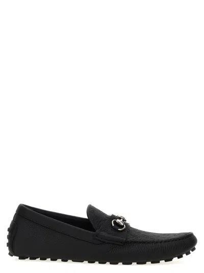 Gucci Black Leather Logo Loafers