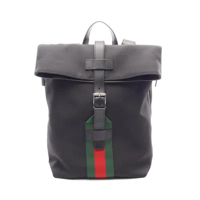 Pre-owned Gucci Black Multi-color Leather Nylon Canvas Backpack Handbag () In Black, Multi-color