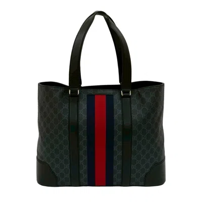 Pre-owned Gucci Black Navy Red Color Leather Pvc Handbag Tote Bag ()