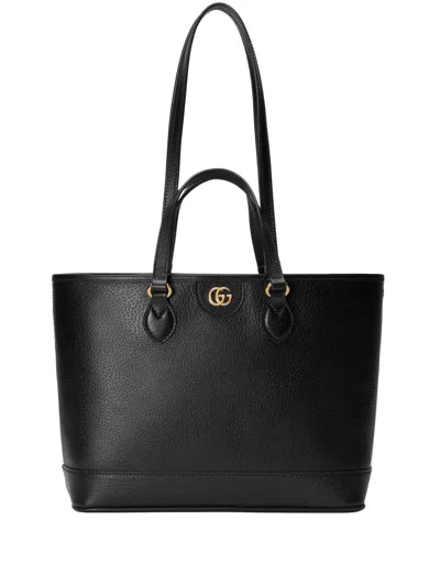 Gucci Mini Ophidia Black Pebbled Calfskin Tote With Gold-tone Accents