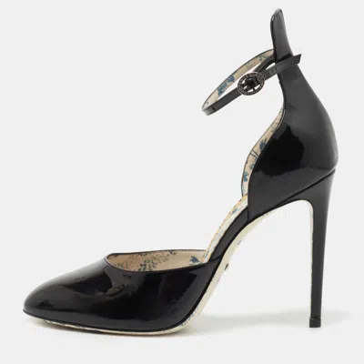 Pre-owned Gucci Black Patent Daisy Ankle Strap Pumps Size 40