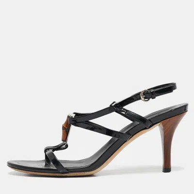 Pre-owned Gucci Black Patent Leather Bamboo Ankle Strap Sandals Size 36