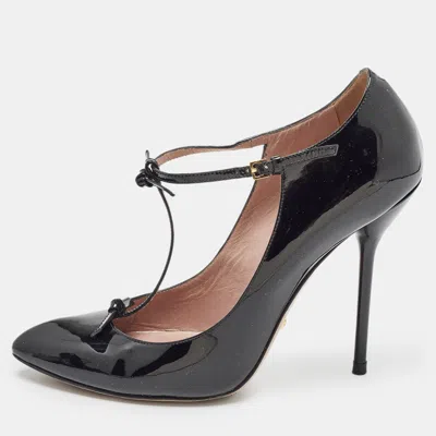 Pre-owned Gucci Black Patent Leather Beverly T Strap Pumps Size 39