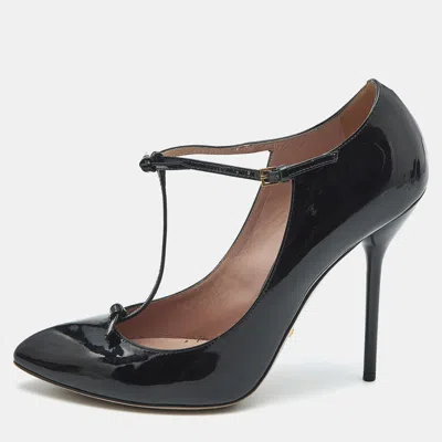 Pre-owned Gucci Black Patent Leather Beverly T Strap Pumps Size 40