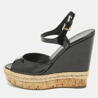 Pre-owned Gucci Black Patent Leather Cork Espadrille Platform Wedge Ankle Strap Sandals Size 38