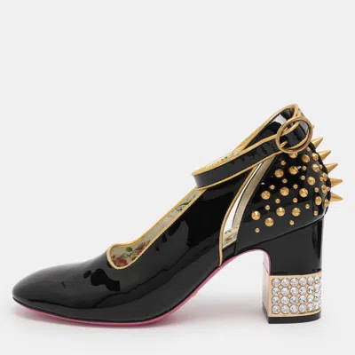 Pre-owned Gucci Black Patent Leather Crystal Spike Ankle Strap Pumps Size 38