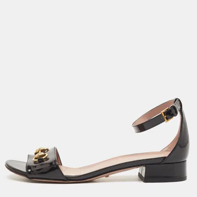Pre-owned Gucci Black Patent Leather Horsebit Ankle Strap Sandals Size 40