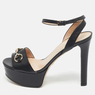 Pre-owned Gucci Black Patent Leather Horsebit Platform Ankle Strap Sandals Size 38