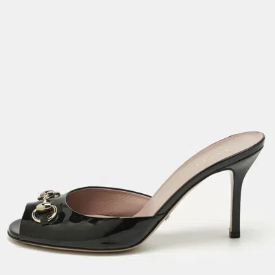 Pre-owned Gucci Black Patent Leather Horsebit Slide Sandals Size 39