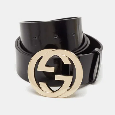 Pre-owned Gucci Black Patent Leather Interlocking G Buckle Belt 95cm
