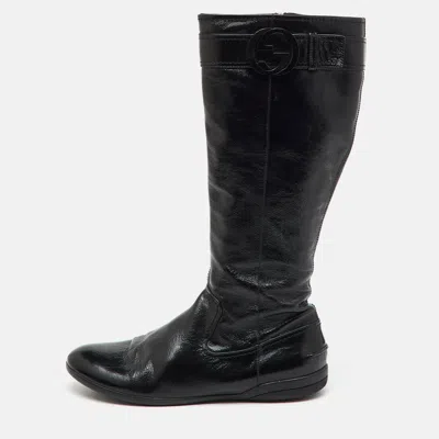 Pre-owned Gucci Black Patent Leather Interlocking G Knee Length Boots Size 38