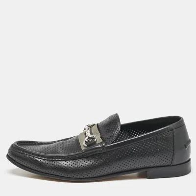 Pre-owned Gucci Black Perforated Leather Horsebit Web Slip On Loafers Size 42.5