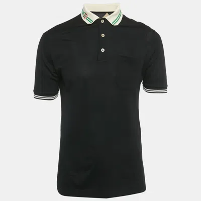 Pre-owned Gucci Black Pique Web Collar Polo T-shirt M