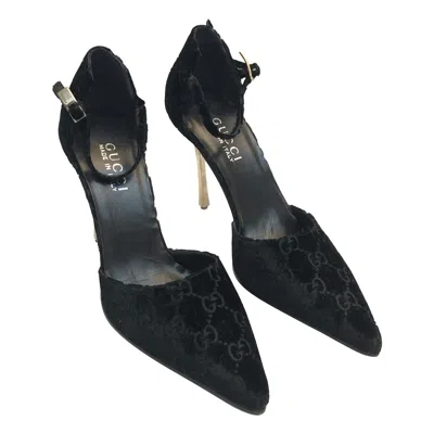 Pre-owned Gucci Black Pointy Velvet Monogram Strap Silver Plated High Heels