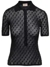 Gucci Black Polo Shirt With Button Closure And Gg Motif In Cotton And Silk Blend Woman In Multicolor