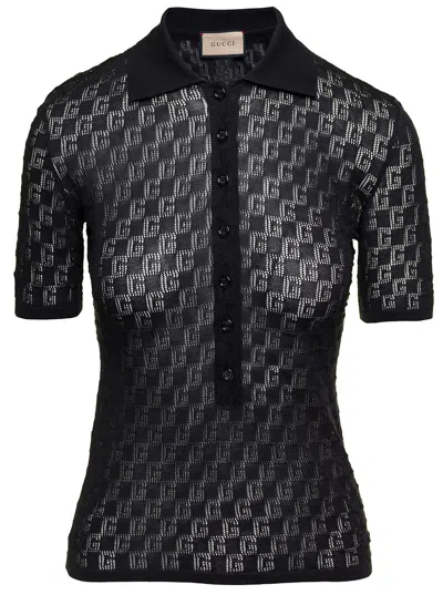 Gucci Black Polo Shirt With Button Closure And Gg Motif In Cotton And Silk Blend Woman In Multicolor