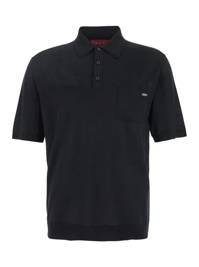 Gucci Black Polo Shirt With Chest Pocket And Embroidered Logo On The Front In Fine Silk Knit Man In Multicolor
