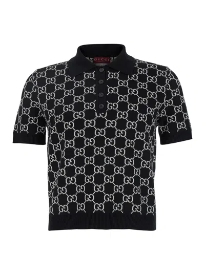 Gucci Black Polo Shirt With Ribbed Trims In Gg Canvas Woman